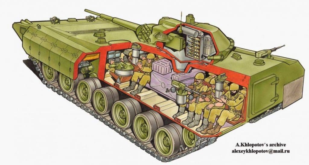 Representación artística de lo que hubiera sido la variante VCTP pesado del Object 299. Las similitudes con el T-15 Armata son más que notorias. Imagen: Archivo Alexey Khlopotov. 