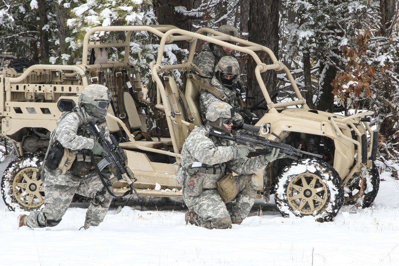 Soldados de la 82nd Airborne Division durante pruebas invernales del LTAVT MRZR-4. Imagen: US Army - Staff Sgt Jason Hull
